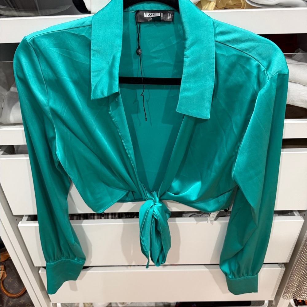 Missguided Teal Satin Tie-Front Button Down Shirt